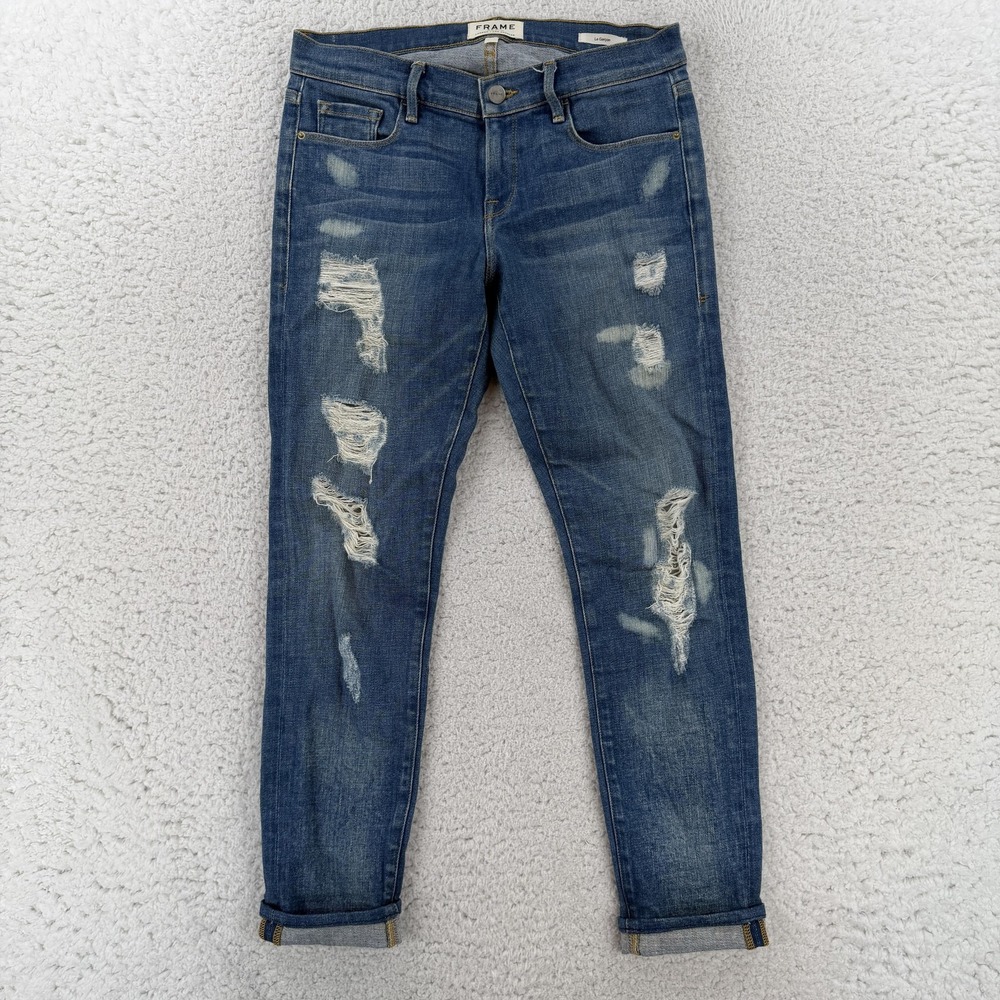 Frame Le Garcon Boyfriend Jeans Womens 25 Blue Medium Wash Mid Rise Distressed